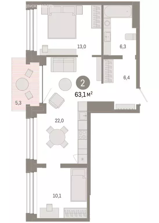 2-комнатная квартира: Тюмень, улица Муравленко, 9/2 (63.08 м) - Фото 1