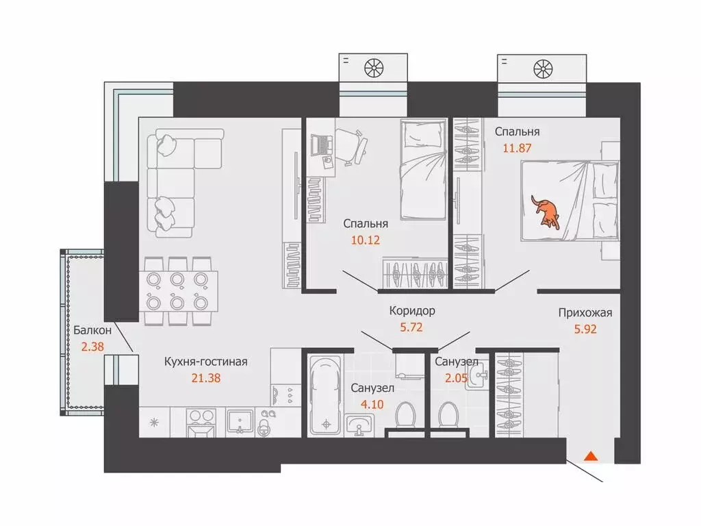 2-комнатная квартира: Пермь, микрорайон Камская Долина (62 м) - Фото 1
