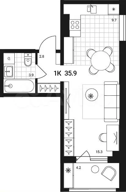 Квартира-студия, 35,9 м, 2/15 эт. - Фото 0