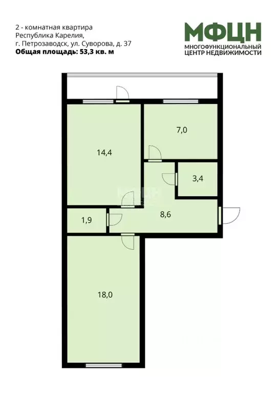 2-к кв. Карелия, Петрозаводск ул. Суворова, 37 (53.3 м) - Фото 2