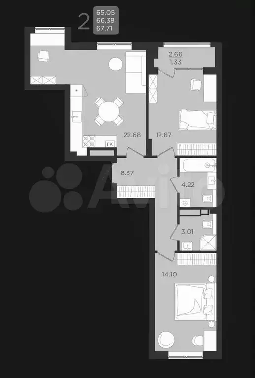 2-к. квартира, 66,5 м, 3/9 эт. - Фото 1