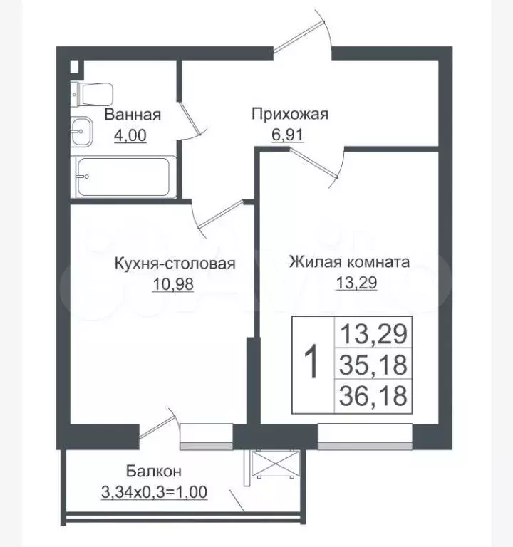 1-к. квартира, 36,3 м, 2/16 эт. - Фото 0