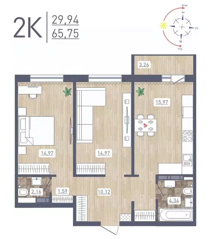 2-к кв. Новосибирская область, Новосибирск ул. Забалуева, 69 (65.75 м) - Фото 0