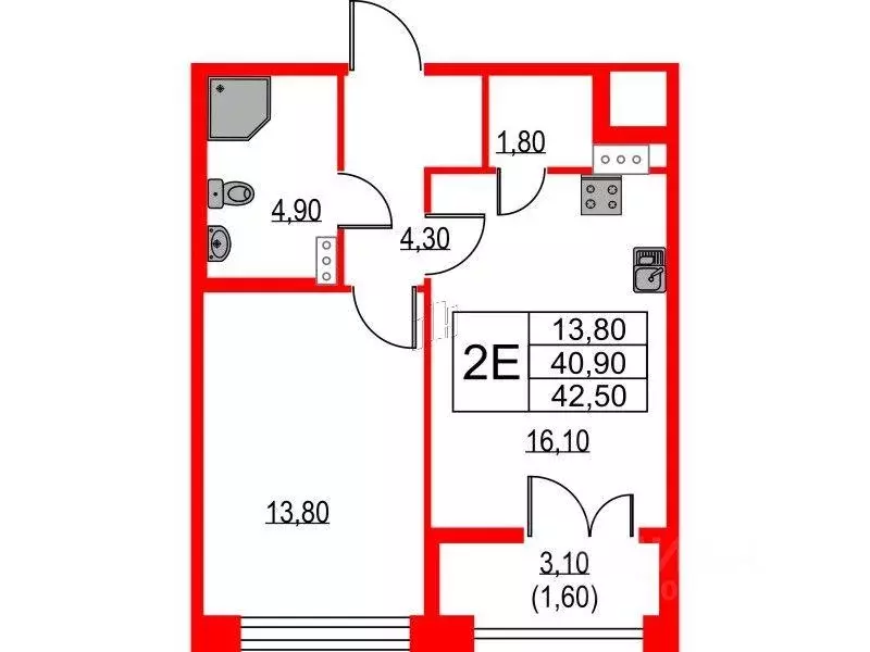 Квартира, 1 комната, 42.5 м - Фото 0