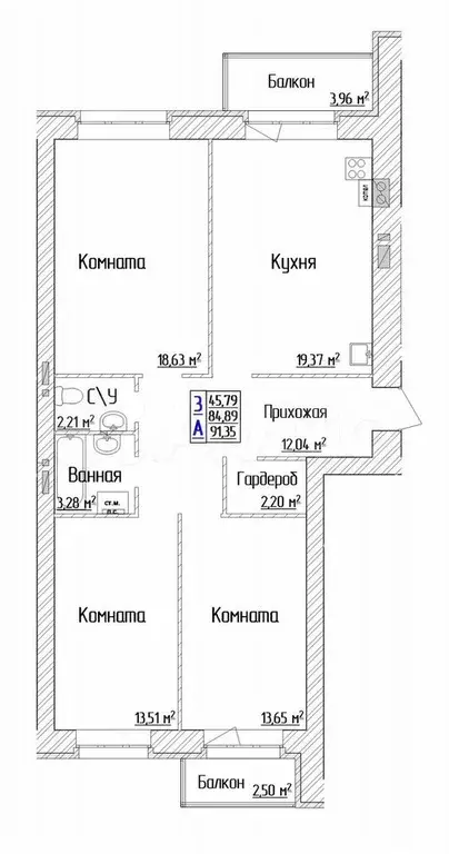 3-к. квартира, 91,4 м, 1/6 эт. - Фото 0