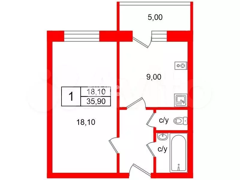 1-к. квартира, 35,9 м, 2/4 эт. - Фото 0