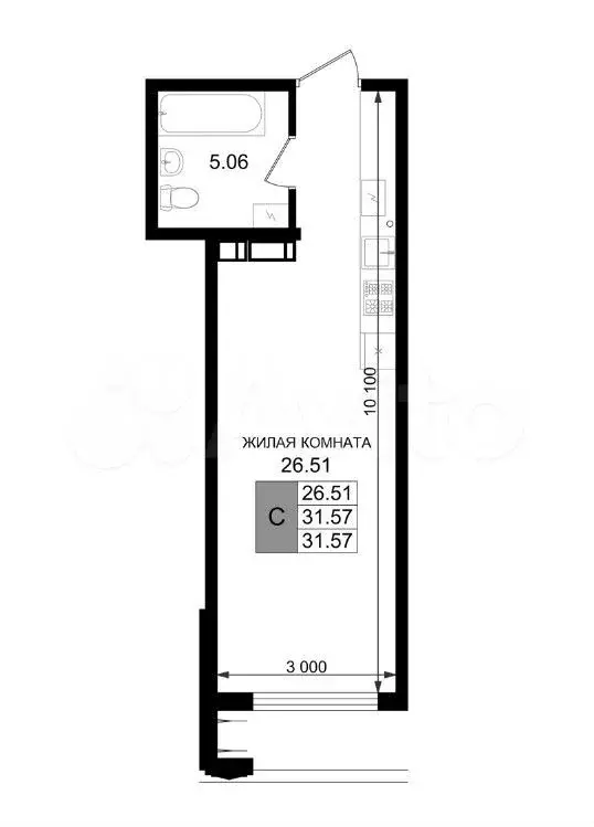 Квартира-студия, 31,6 м, 3/8 эт. - Фото 1