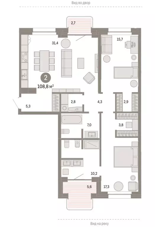 2-комнатная квартира: Новосибирск, Зыряновская улица, 53с (109.16 м) - Фото 1
