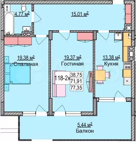 2-к. квартира, 78,8 м, 1/6 эт. - Фото 1