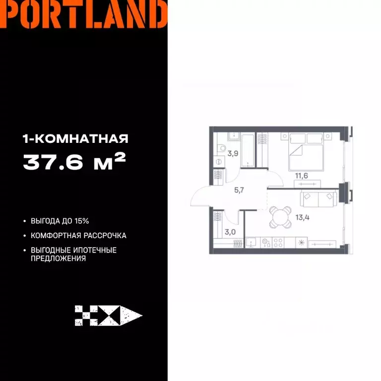 1-к кв. Москва Портлэнд жилой комплекс (37.6 м) - Фото 0