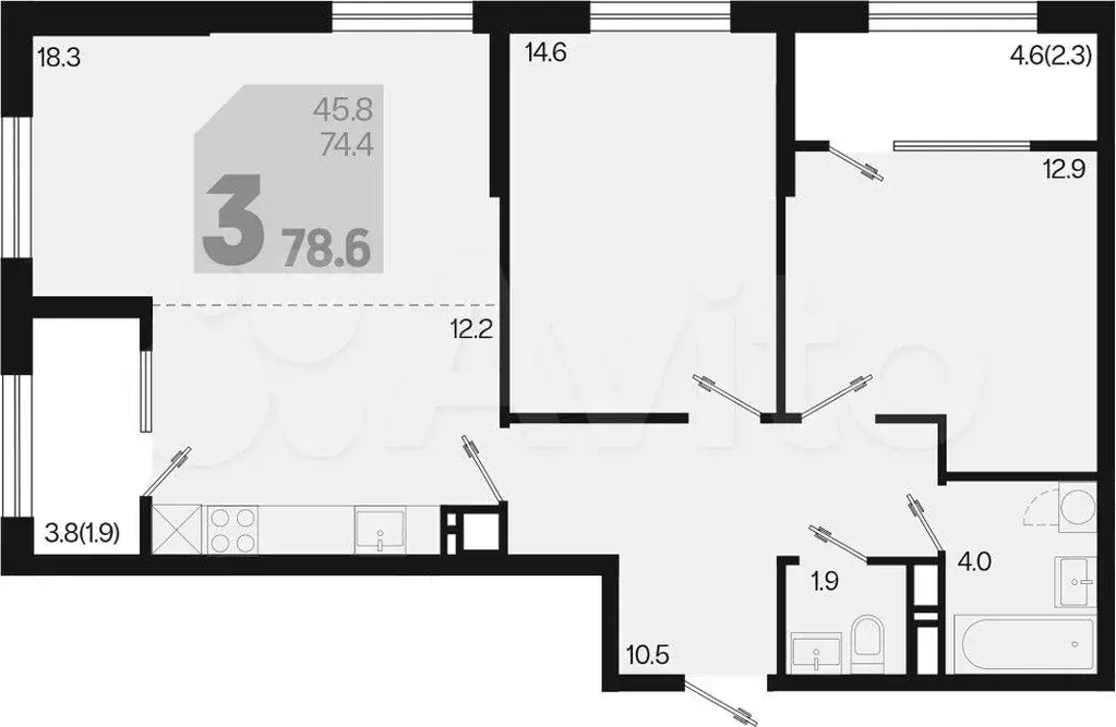 3-к. квартира, 78,6 м, 3/9 эт. - Фото 1