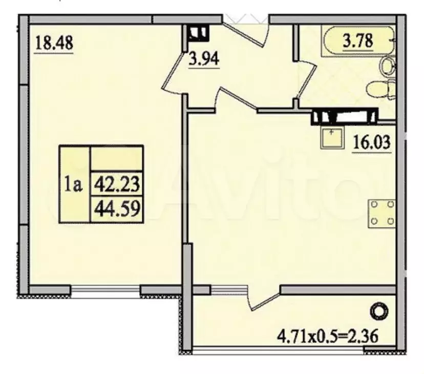 1-к. квартира, 44,6 м, 8/8 эт. - Фото 0
