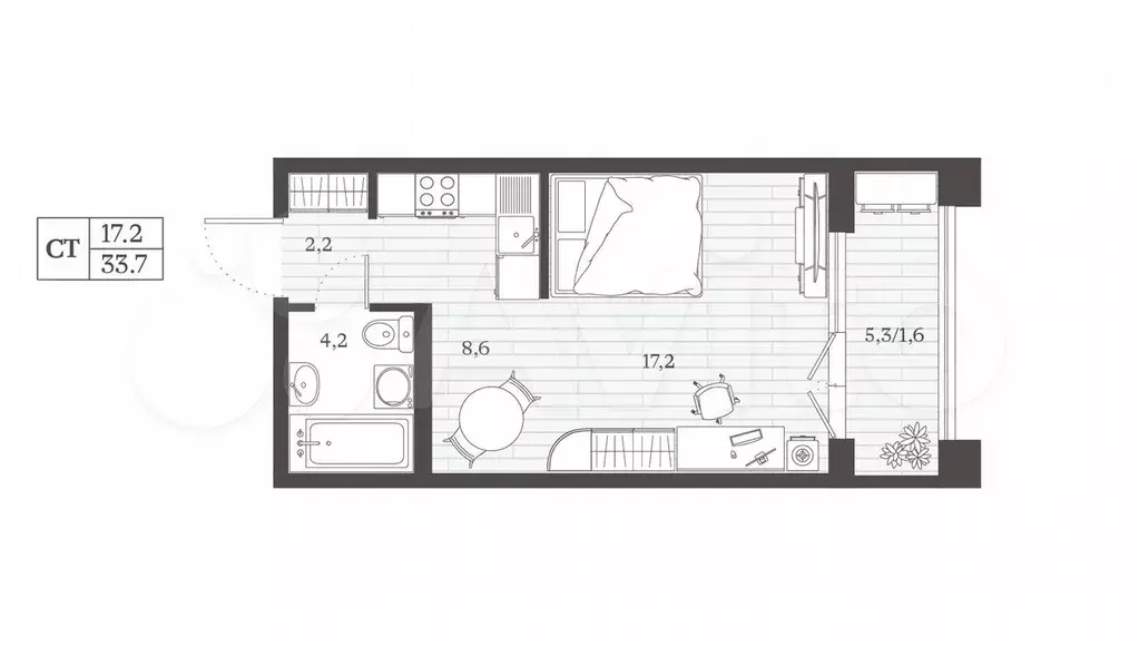 Квартира-студия, 33,7 м, 2/8 эт. - Фото 0