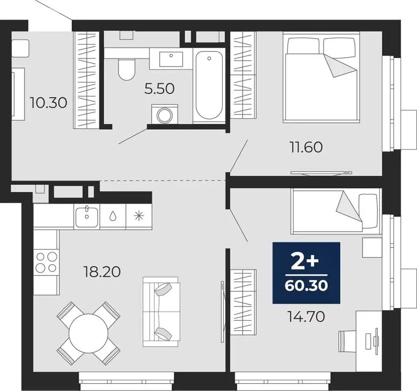 2-комнатная квартира: Тюмень, жилой комплекс Айвазовский Сити (60.3 м) - Фото 0