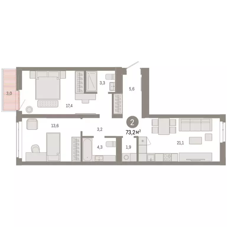 2-комнатная квартира: Тюмень, улица Республики, 205к3 (73.15 м) - Фото 2