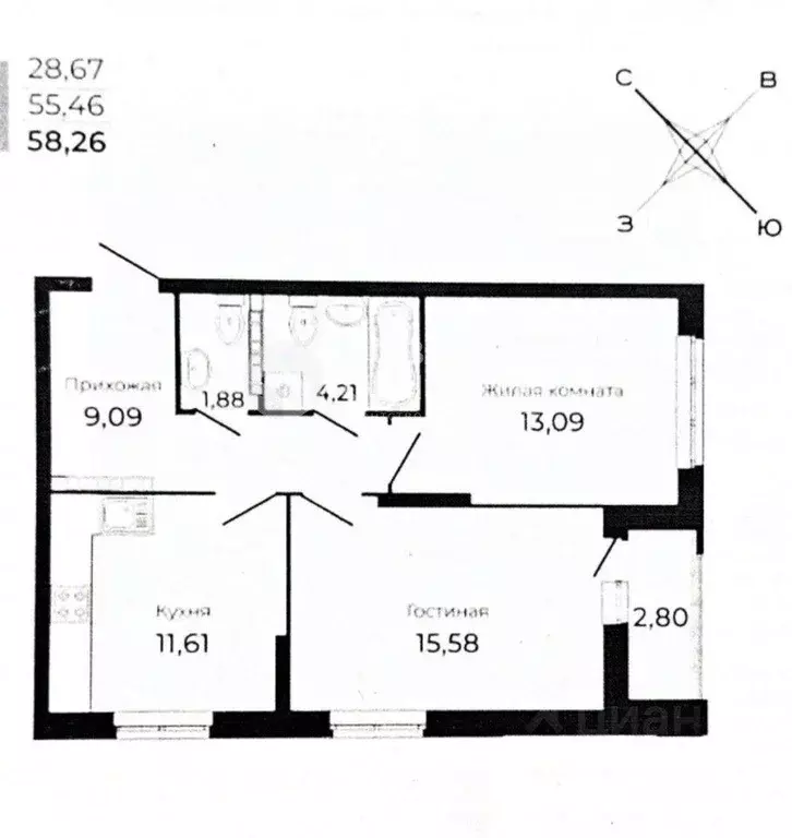 Квартира, 2 комнаты, 58.26 м - Фото 1