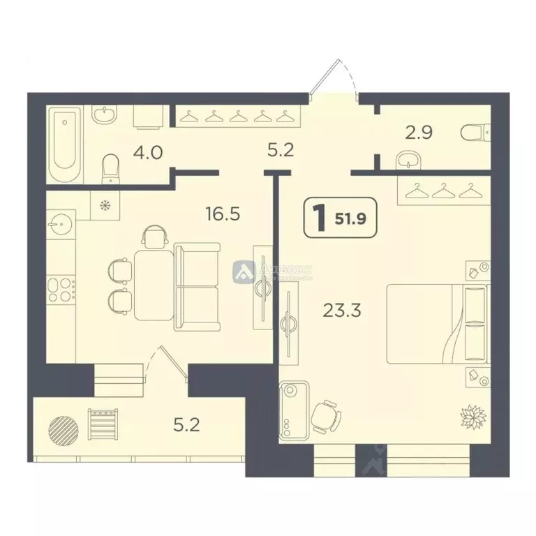 1-к кв. Тюменская область, Тюмень ул. 50 лет Октября, 75к4 (51.9 м) - Фото 2
