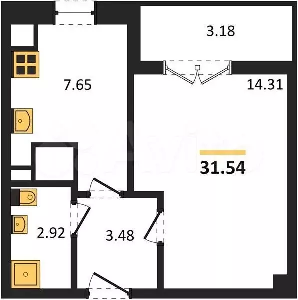 1-к. квартира, 31,5 м, 8/9 эт. - Фото 1