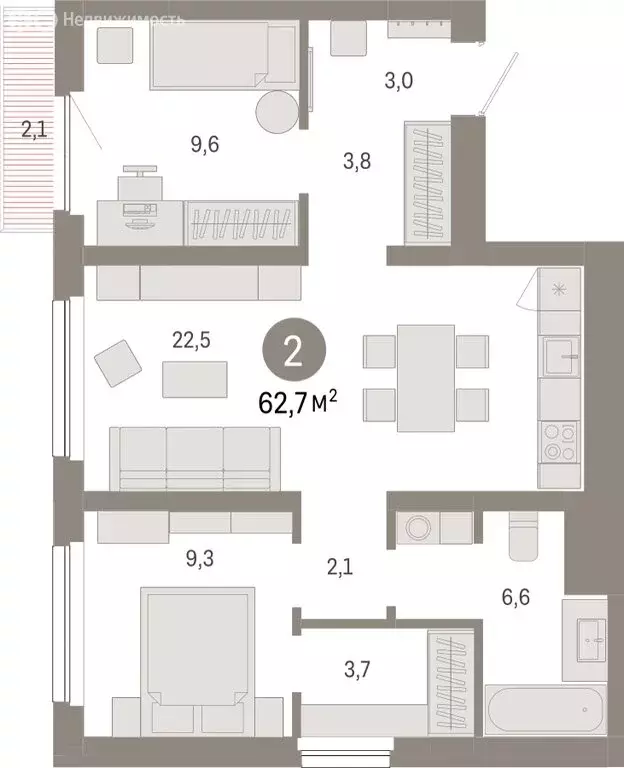 2-комнатная квартира: Новосибирск, квартал Лебедевский (62.7 м) - Фото 1