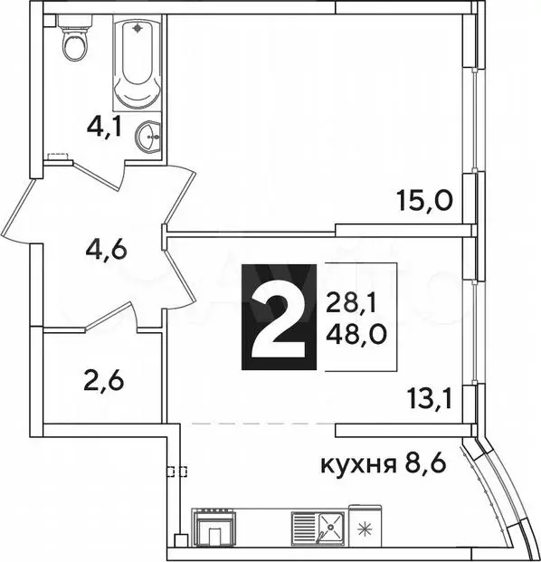 2-к. квартира, 48м, 1/16эт. - Фото 1