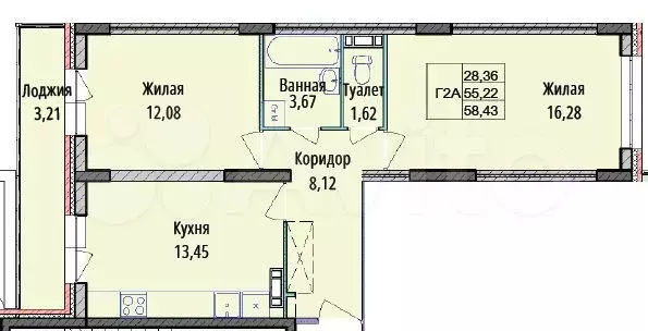 2-к. квартира, 58,4 м, 3/10 эт. - Фото 0