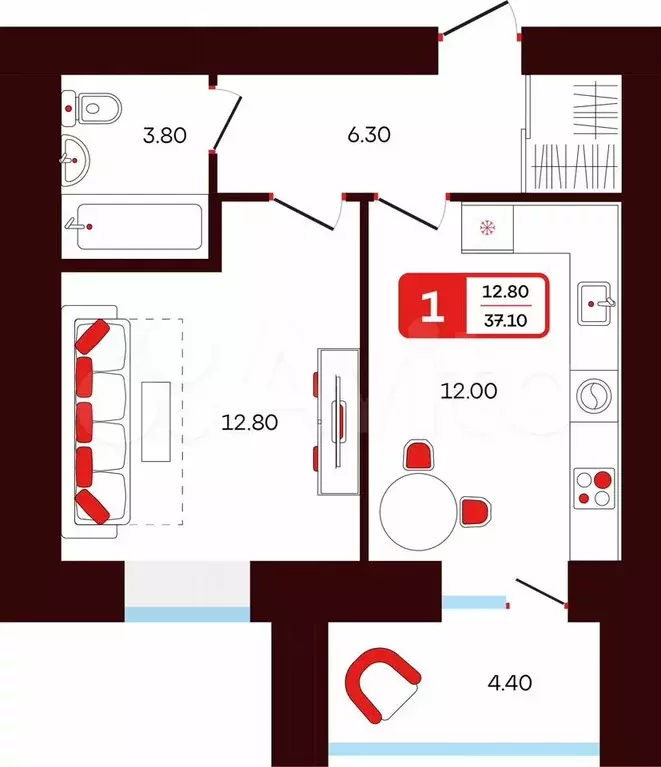 1-к. квартира, 37,1 м, 2/14 эт. - Фото 0