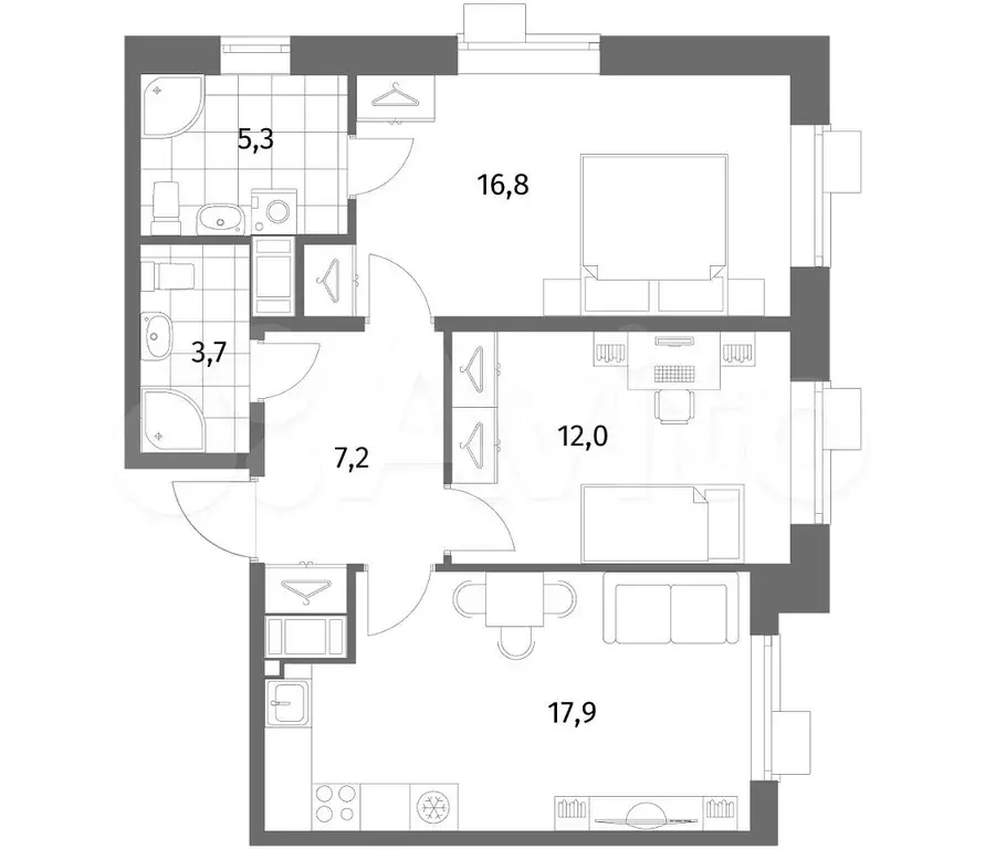 2-к. квартира, 62,9 м, 4/8 эт. - Фото 1