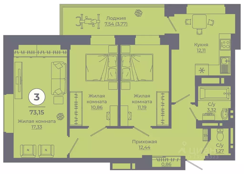 3-к кв. Ростовская область, Ростов-на-Дону просп. Солженицына, 25 ... - Фото 0
