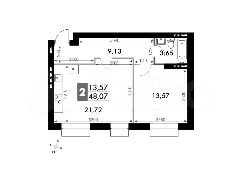 1-к. квартира, 48,4м, 3/4эт. - Фото 0