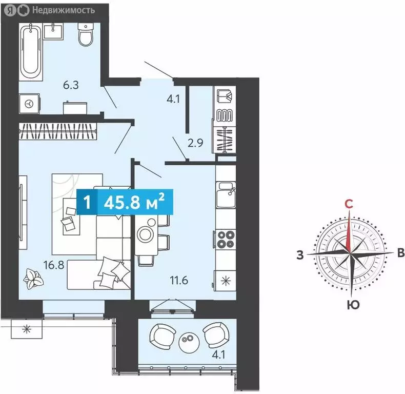 1-комнатная квартира: Засечное, микрорайон Город Спутник (45.8 м) - Фото 1