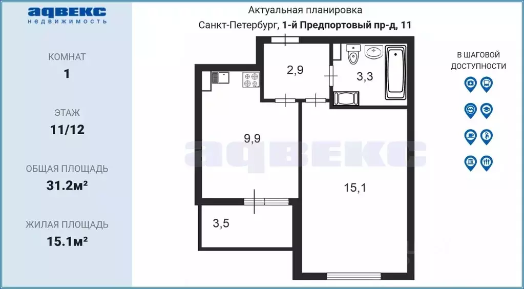 1-к кв. Санкт-Петербург 1-й Предпортовый проезд, 11 (31.2 м) - Фото 1