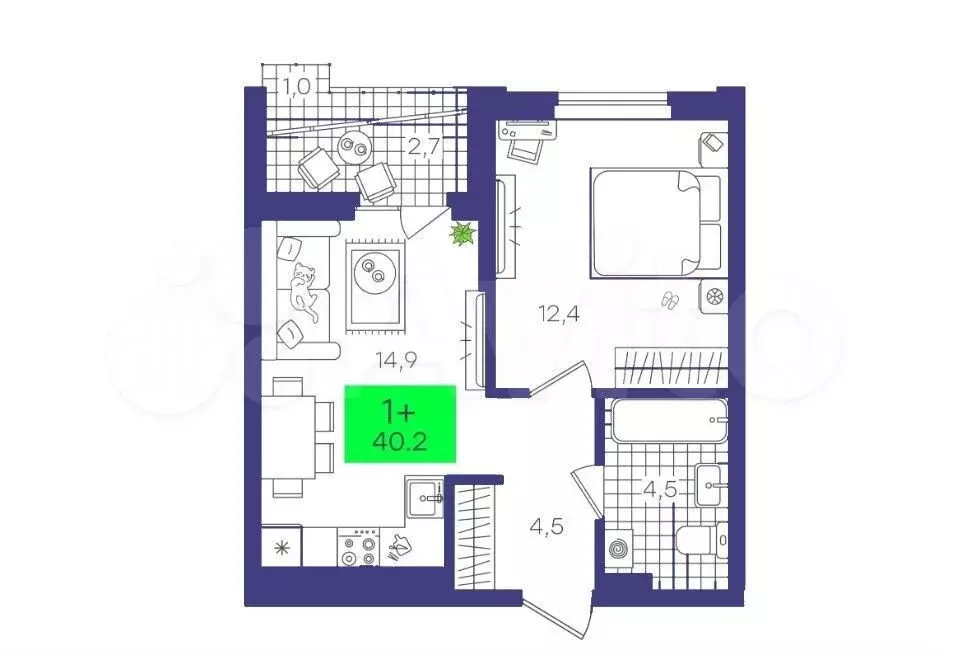 1-к. квартира, 40,2 м, 7/11 эт. - Фото 1