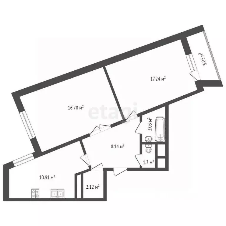 2-к кв. Ямало-Ненецкий АО, Новый Уренгой Юбилейный мкр, 2/2А (59.2 м) - Фото 1