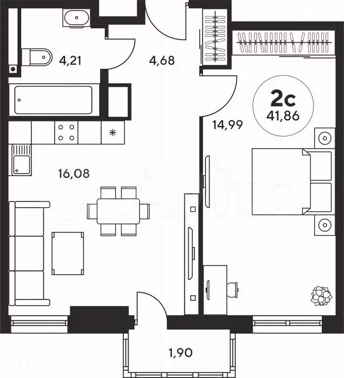 2-к. квартира, 41,9 м, 13/25 эт. - Фото 1