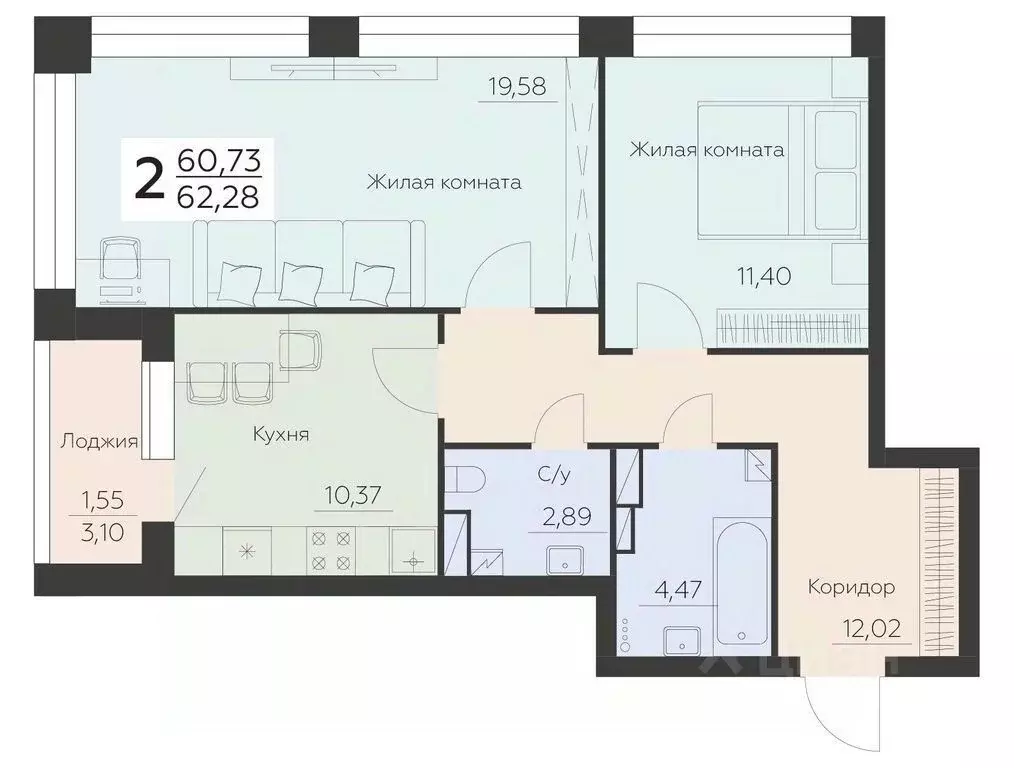 2-к кв. Воронежская область, Воронеж Ленинградская ул., 29Б (62.28 м) - Фото 0