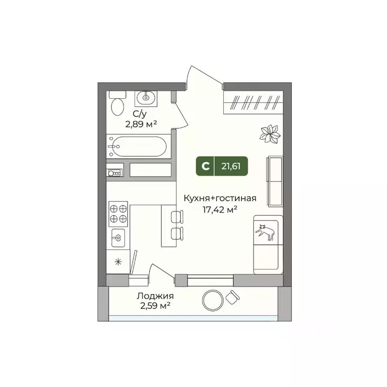 Студия Краснодарский край, Краснодар ул. Шевцова, 6 (21.61 м) - Фото 1