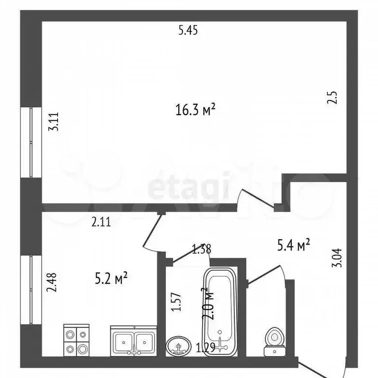 1-к. квартира, 29,7 м, 1/2 эт. - Фото 0