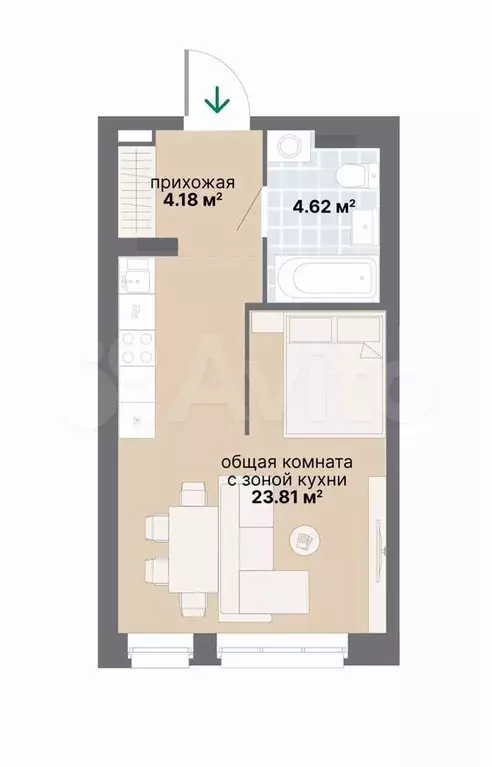 Квартира-студия, 32,6 м, 5/26 эт. - Фото 0