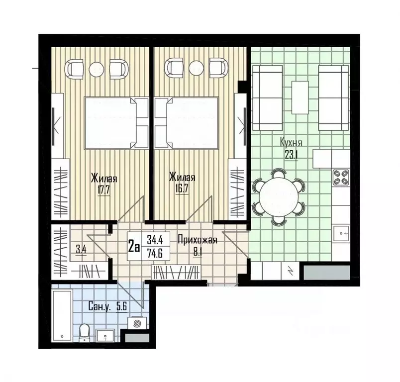 2-к кв. Кабардино-Балкария, Нальчик ул. Тлостанова, 28 (74.6 м) - Фото 1