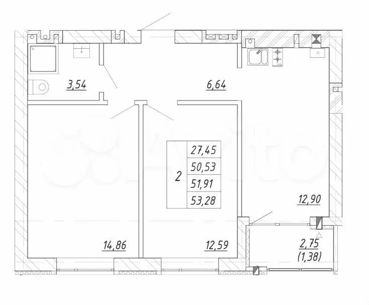 2-к. квартира, 51,9 м, 2/4 эт. - Фото 1