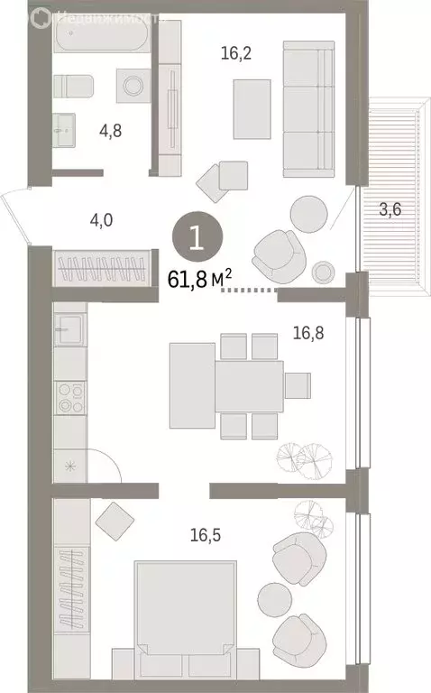 1-комнатная квартира: Тюмень, Мысовская улица, 26к1 (61.84 м) - Фото 1