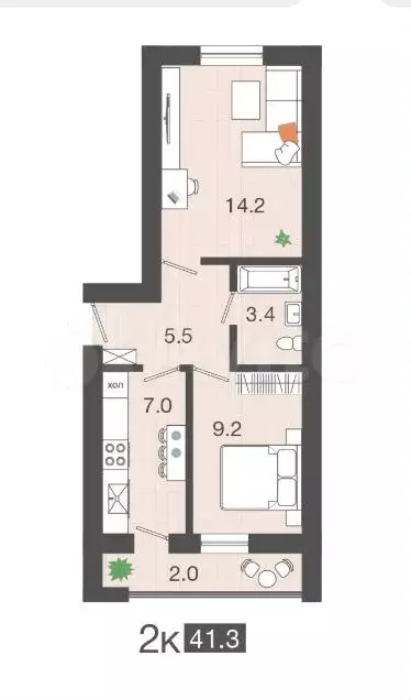 1-к. квартира, 41,3 м, 1/4 эт. - Фото 1
