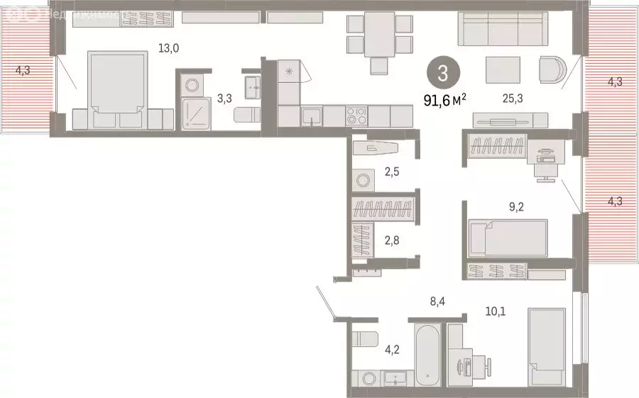 3-комнатная квартира: Омск, Кировский округ (91.59 м) - Фото 1