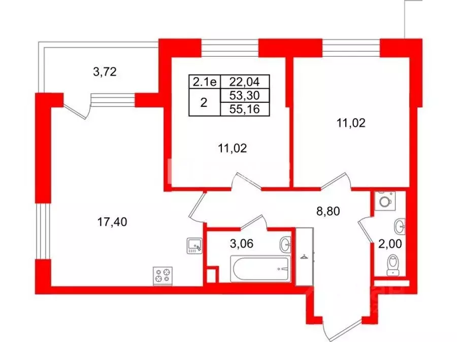 2-к кв. Санкт-Петербург Пулковское ш., 95к3 (53.3 м) - Фото 1