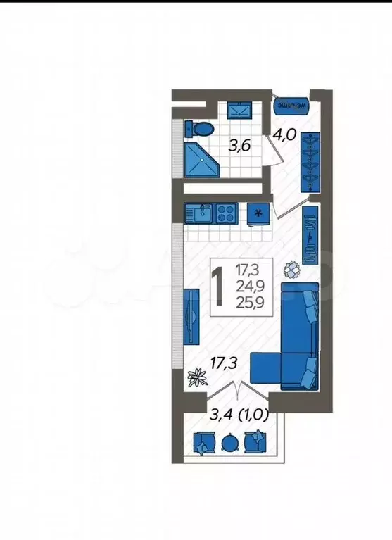 Квартира-студия, 25,9 м, 3/12 эт. - Фото 0