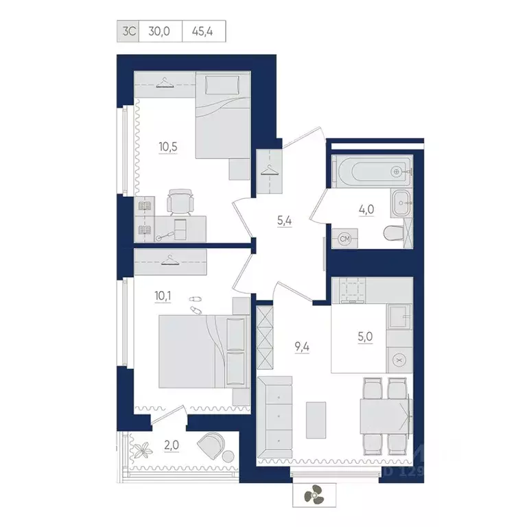 3-к кв. Башкортостан, Уфа ул. Евгения Столярова, 13 (45.4 м) - Фото 1