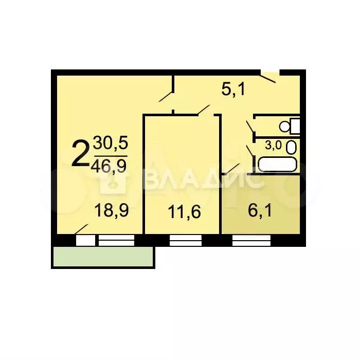 2-к. квартира, 46,9 м, 8/9 эт. - Фото 0