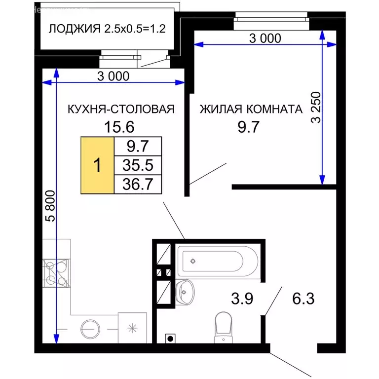 1-комнатная квартира: Краснодар, жилой комплекс Дыхание (36.7 м) - Фото 0