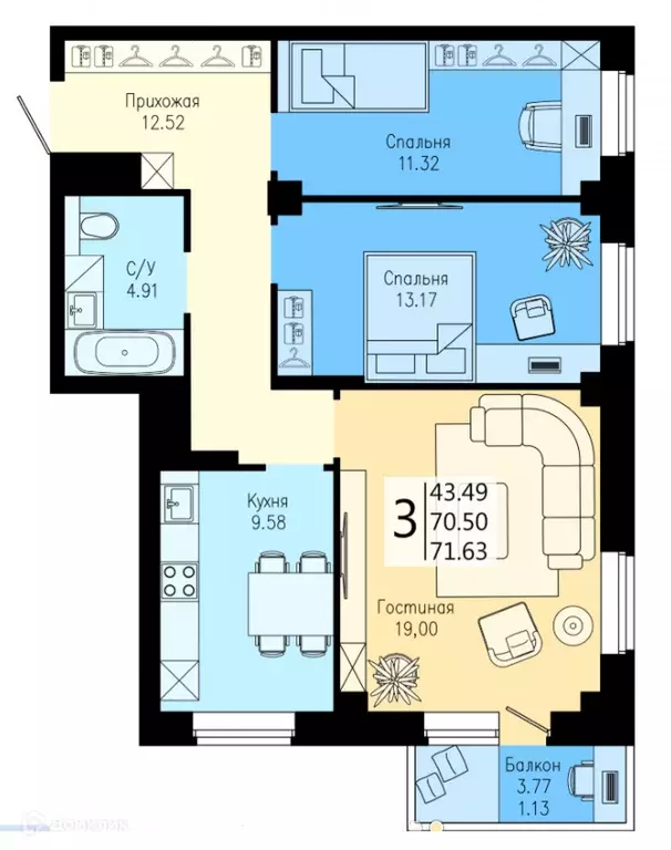 Продаётся 3-к квартира, 71.63 м - Фото 1