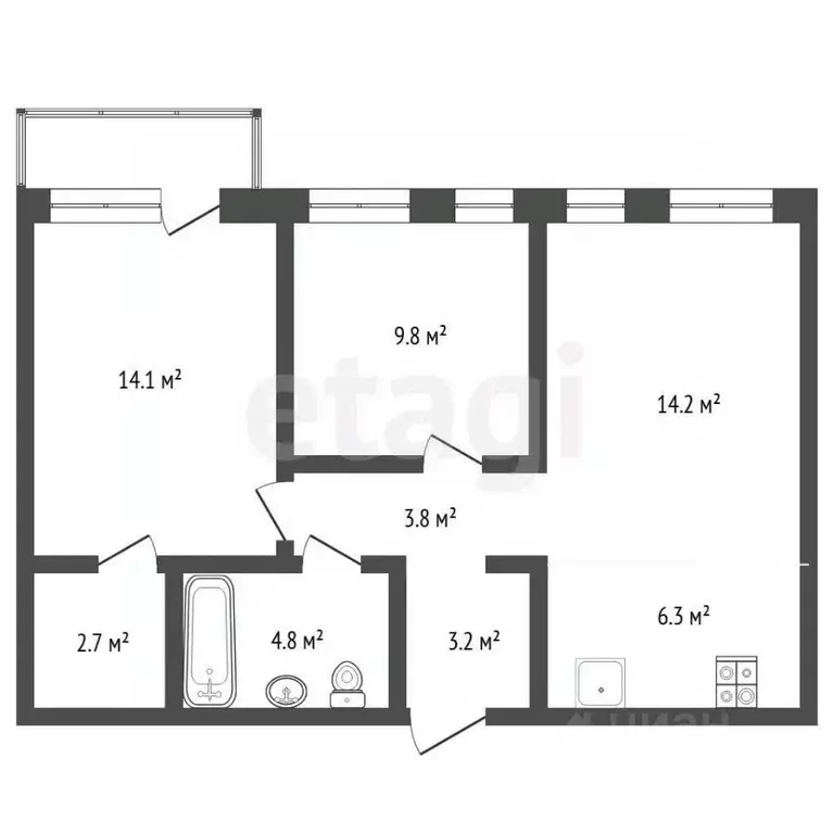 2-к кв. Тюменская область, Тюмень ул. Газовиков, 38к2 (58.9 м) - Фото 2